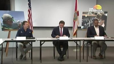 Governor DeSantis, Eric Sutton with FWC, and Sean Hamilton with DEP at round table discussion on Red Tide. Photo curtesy of the Florida Channel 